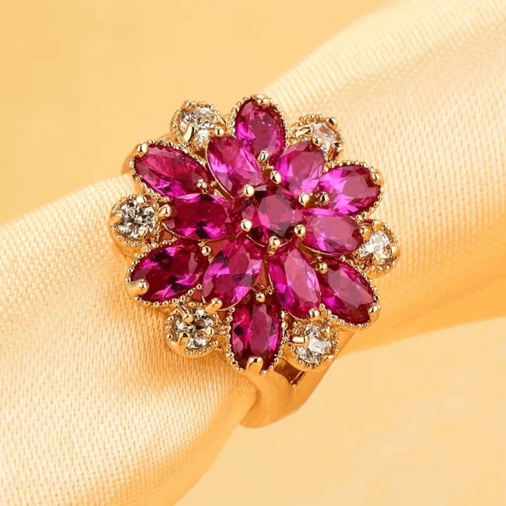 Ruby Rose Diamond Gold Flower Ring - Size 7 - Picture 5 of 8